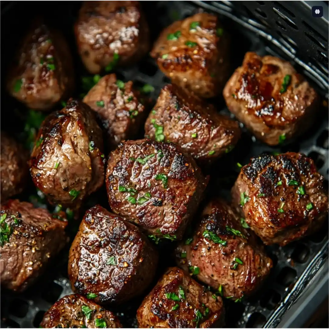 Steak bites in an air fryer basket with crispy edges