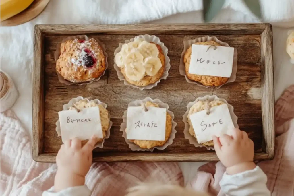 Variety of mini scones with toddler hands reaching