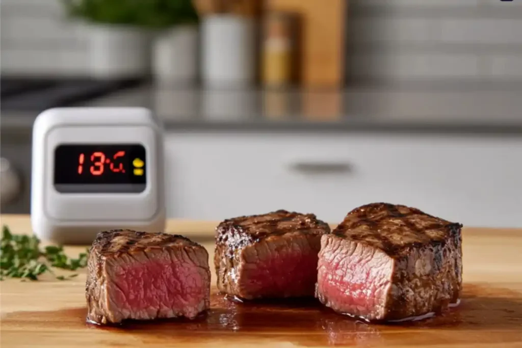Medium-rare steak bites with thermometer showing 135°F