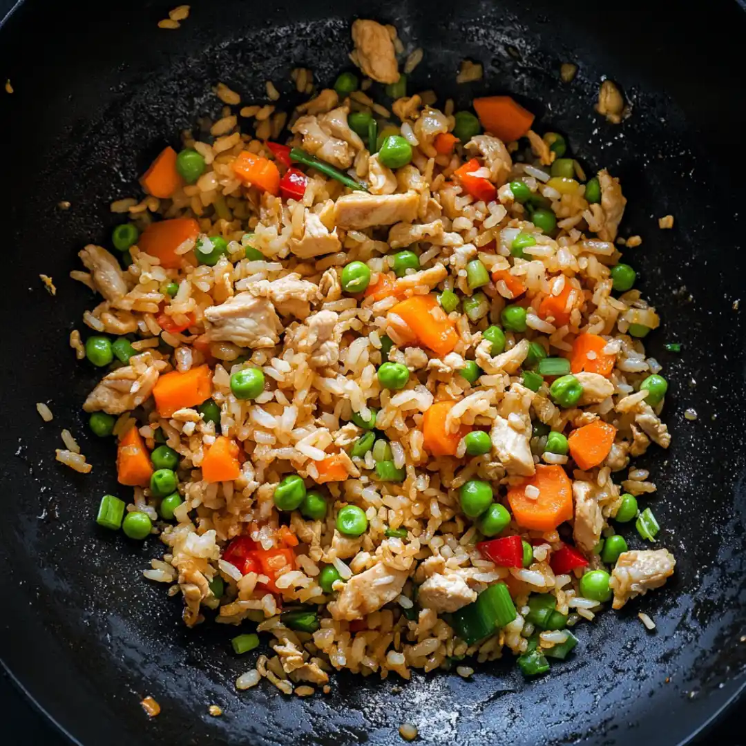 Delicious chicken fried rice recipe in a wok