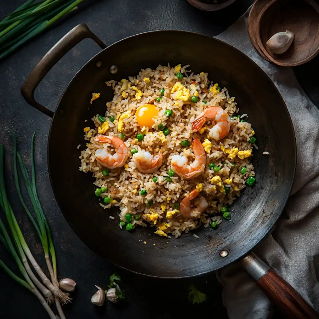 Authentic Chinese fried rice tossed in a wok with visible wok hei flame