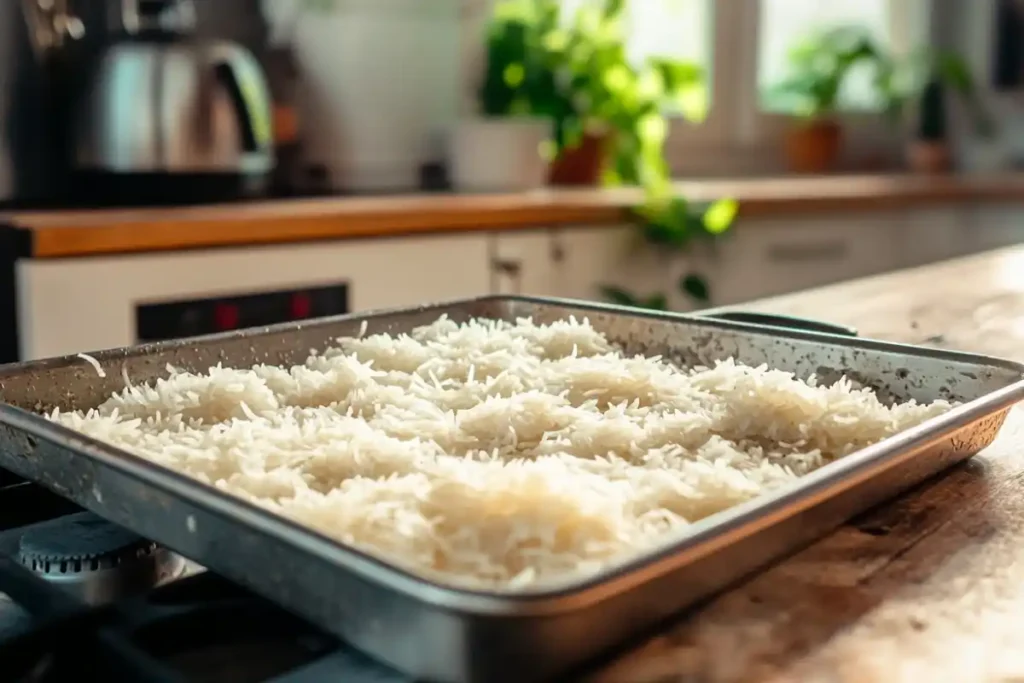 Freshly cooked rice cooling on a tray under a fan