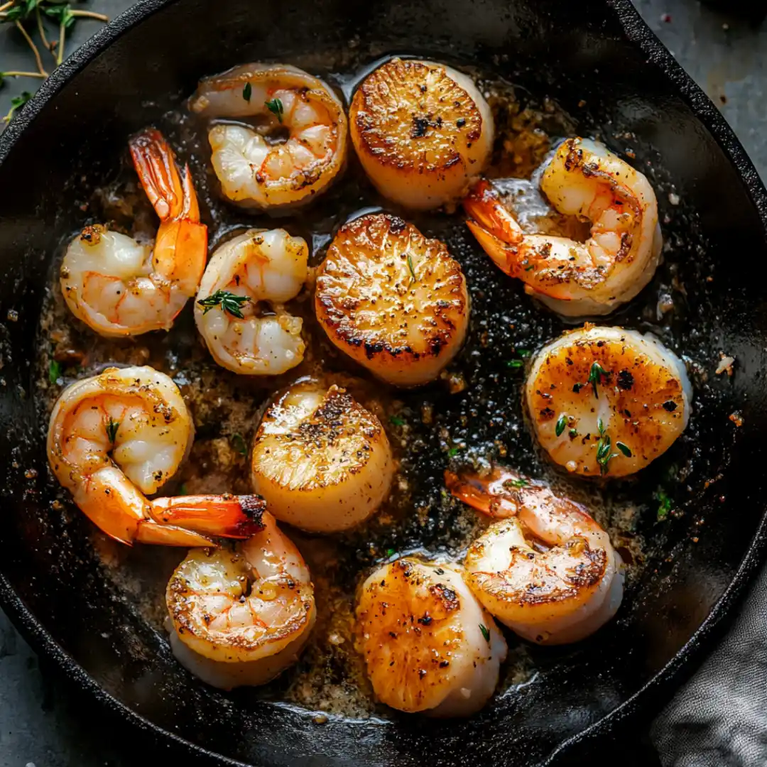 Shrimp and scallops searing together in a skillet