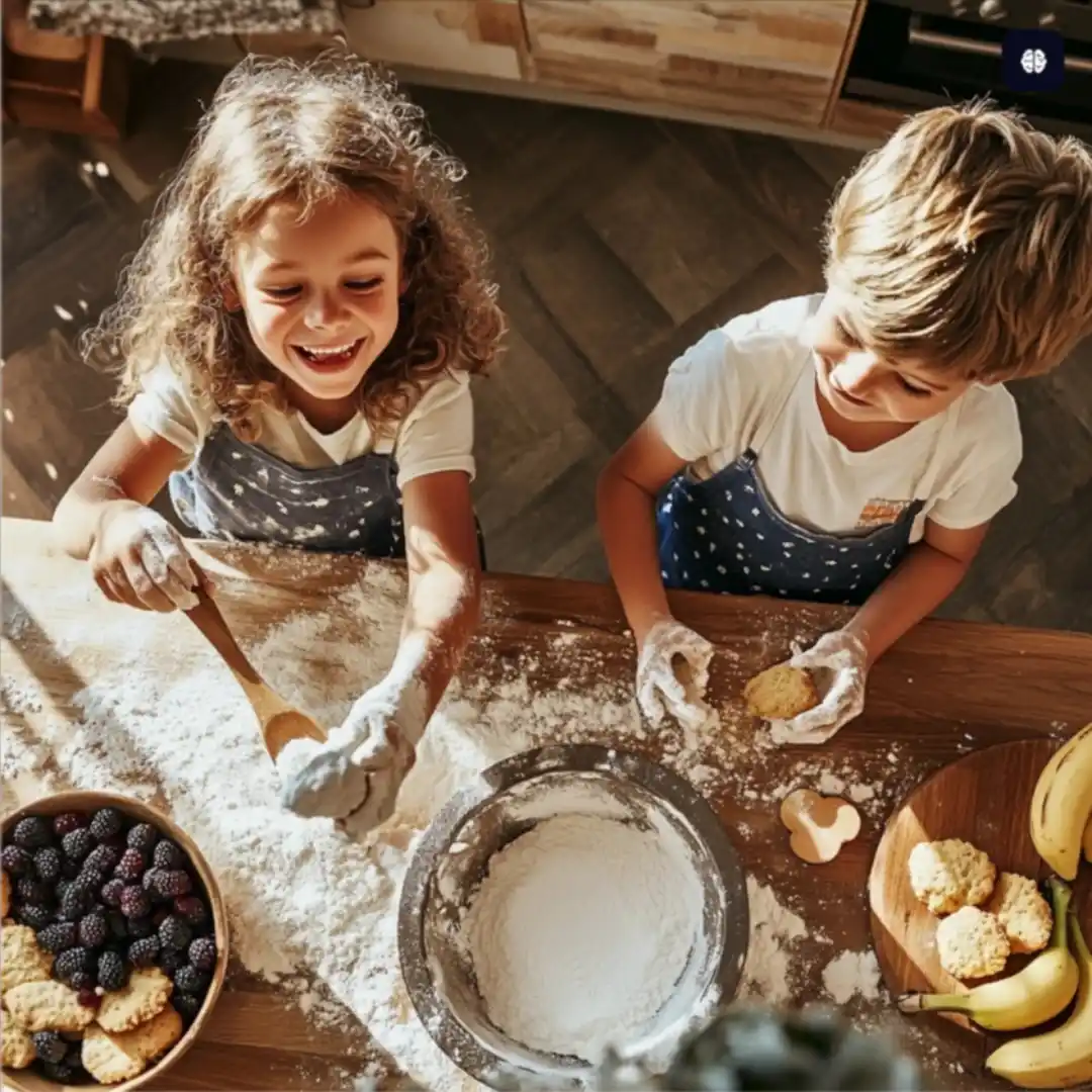 Children baking scones together in a cozy kitchen