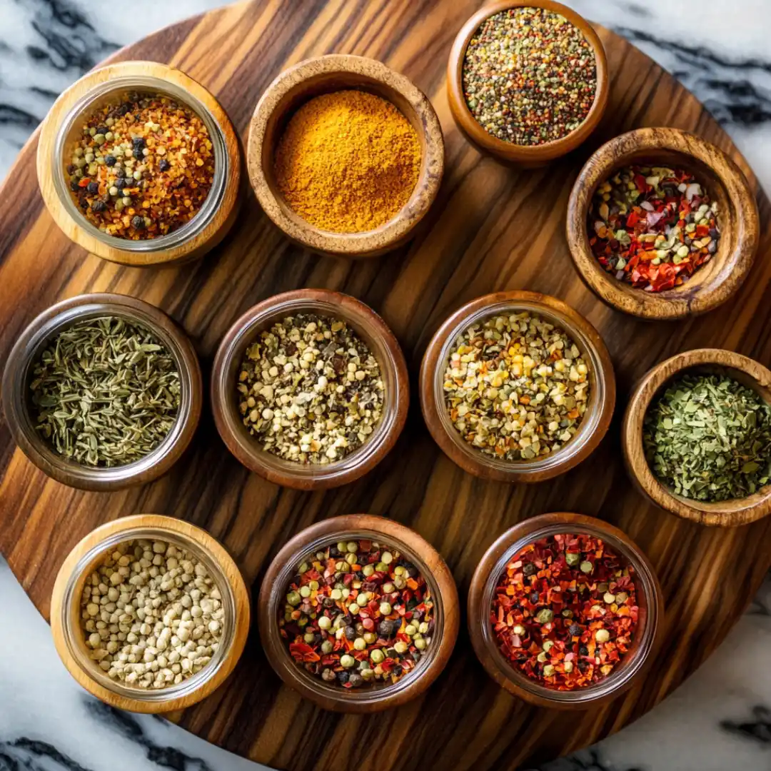 Global seasoning mixes in wooden bowl on marmer countertop