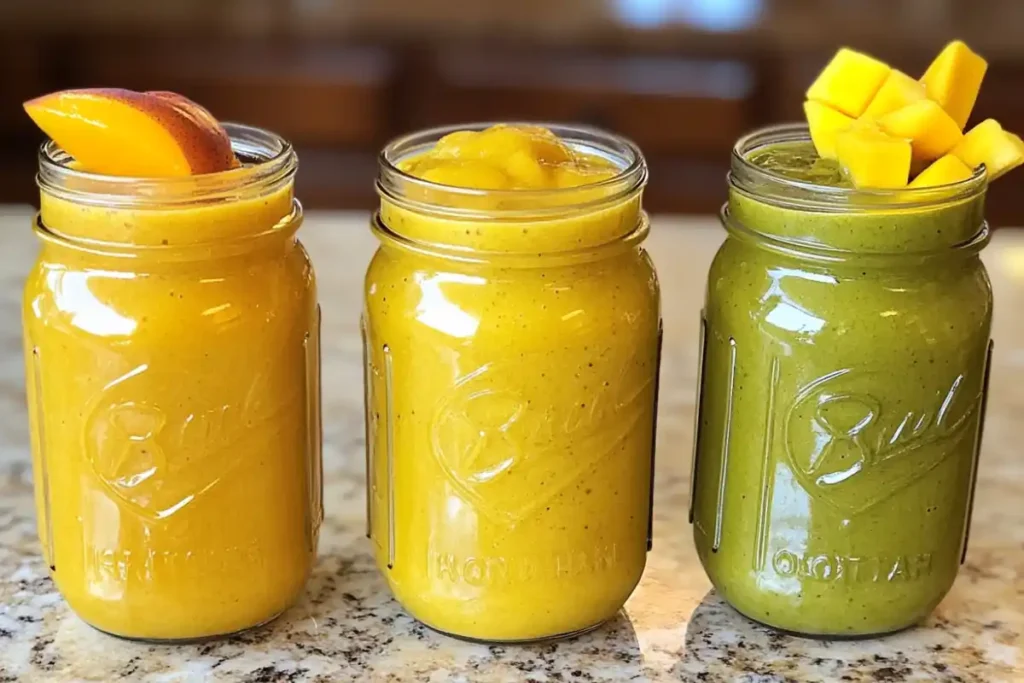 Different mango smoothie variations in jars