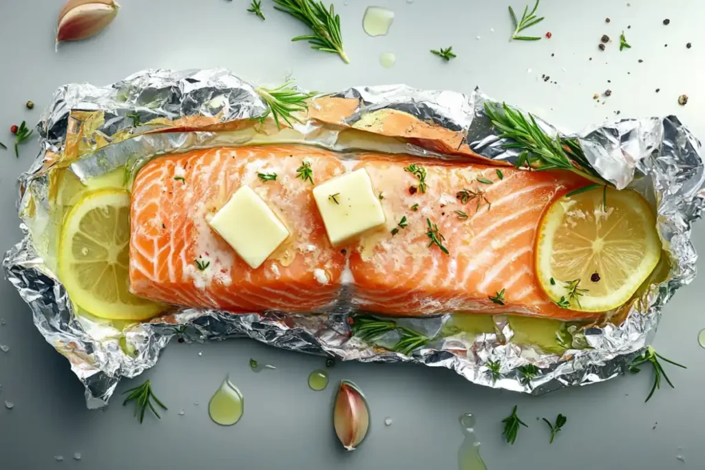 Salmon wrapped in foil with herbs and lemon