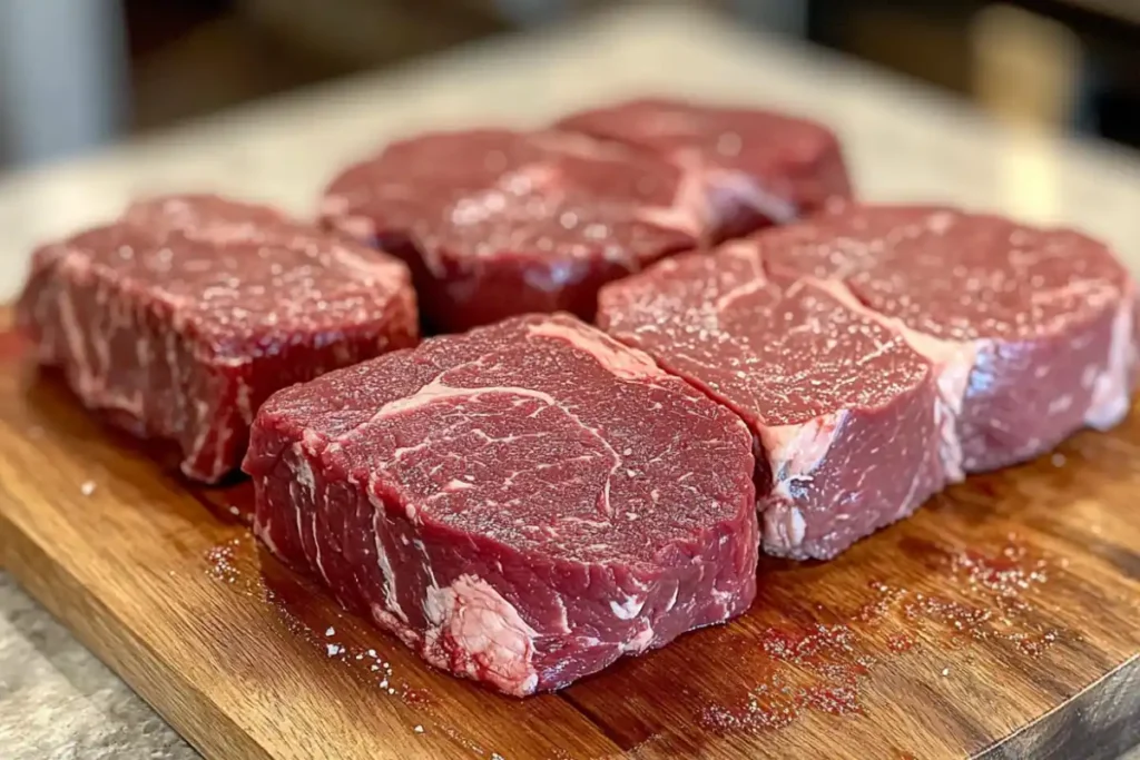 Different raw steak cuts for making steak bites