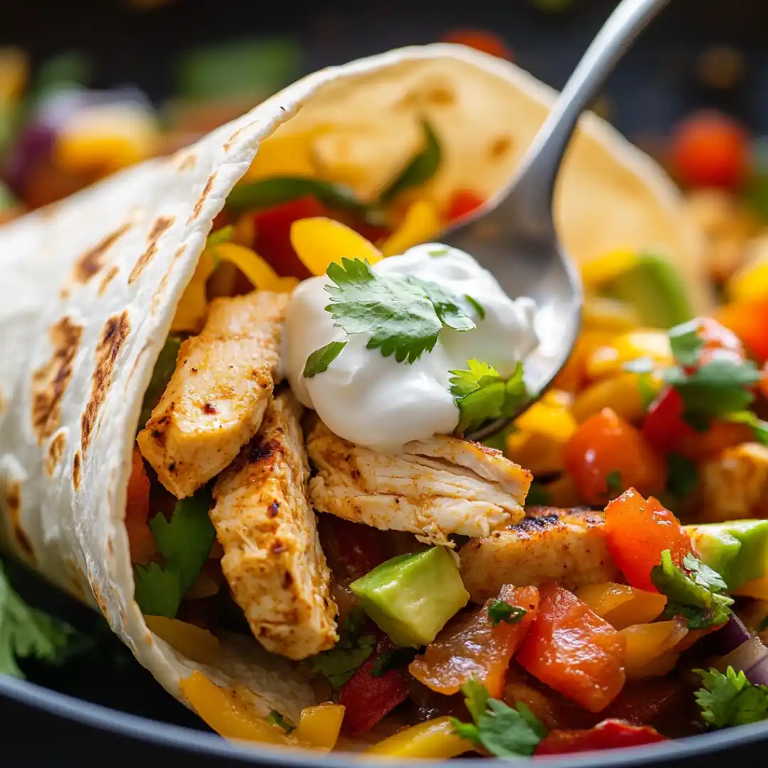 Chicken fajita with grilled peppers, avocado, and sour cream in a flour tortilla