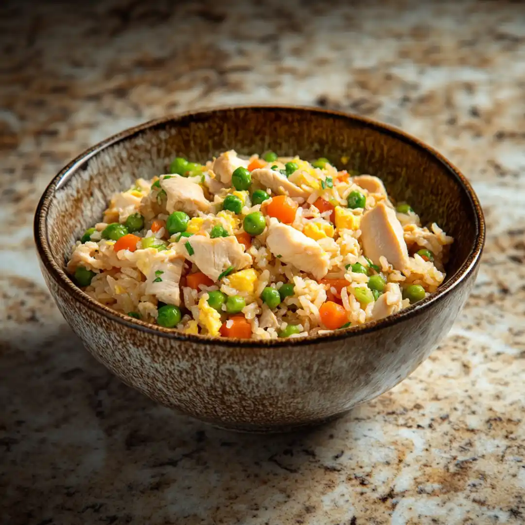 Bowl of chicken fried rice with colorful ingredients