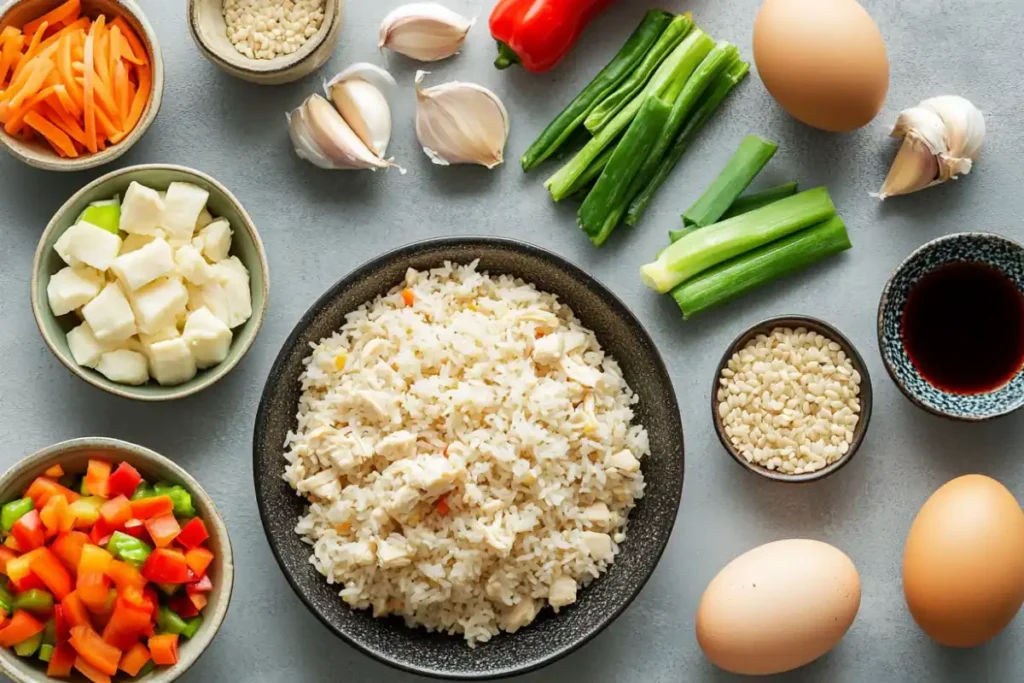 Raw ingredients for chicken fried rice on kitchen counter