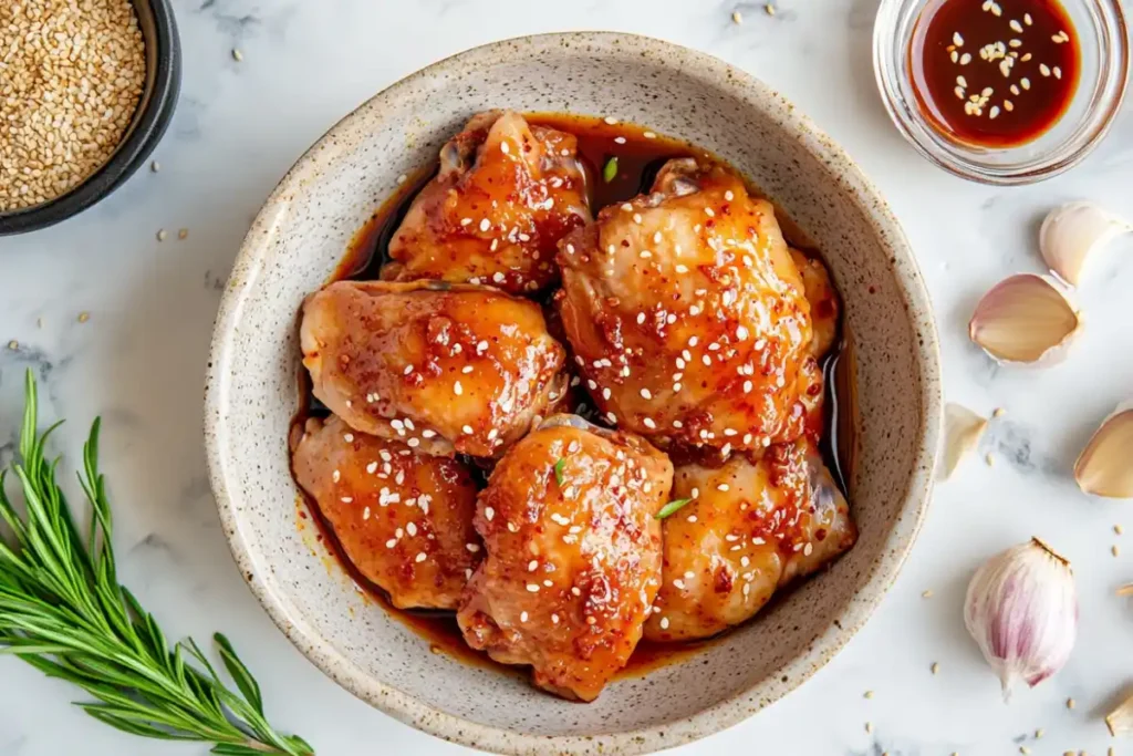 Chicken in Korean BBQ marinade with ingredients on counter