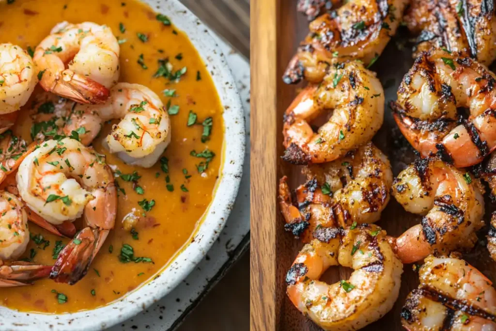 Shrimp cocktail with cocktail sauce and grilled shrimp in garlic butter
