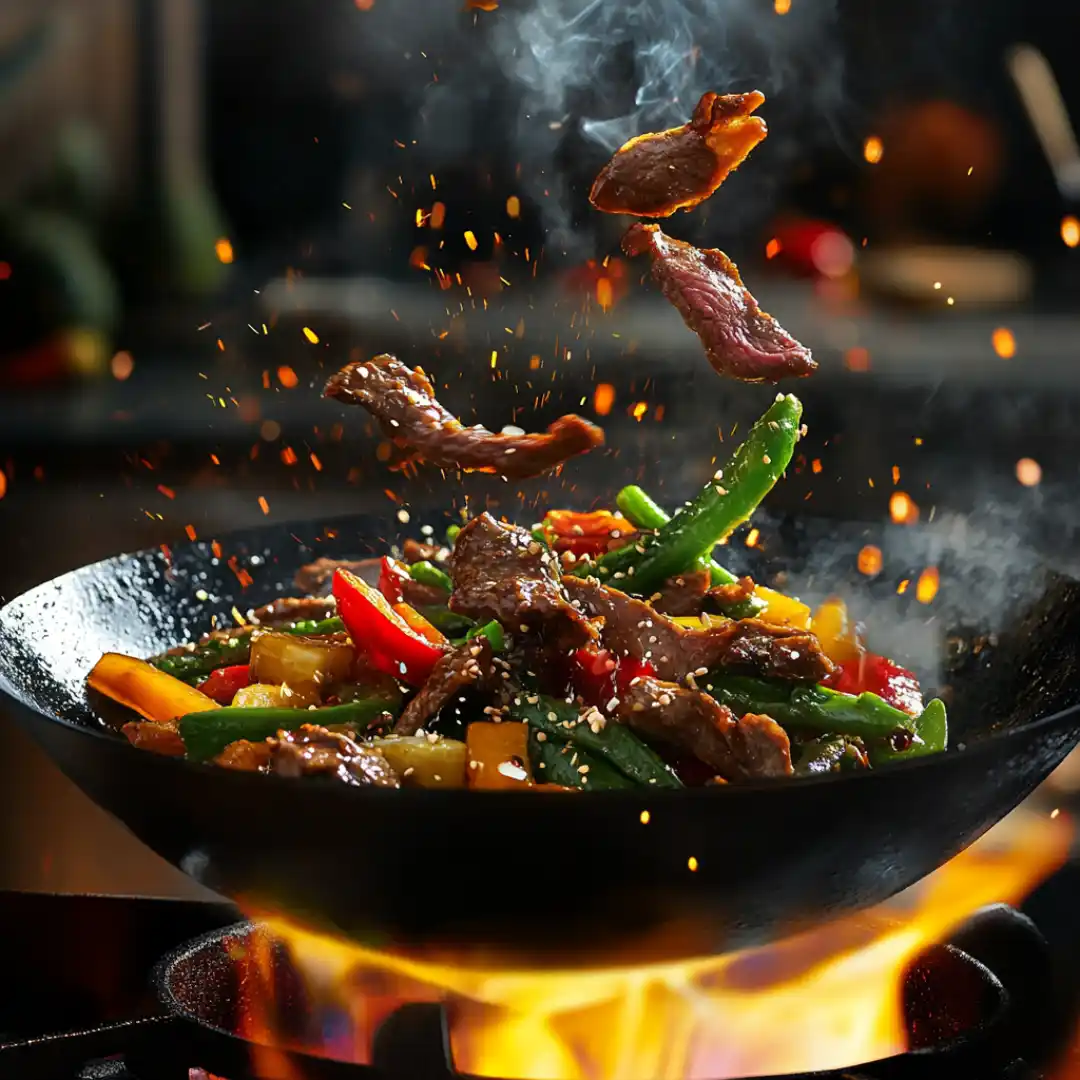 Stir fry vegetables tossed in a flaming wok