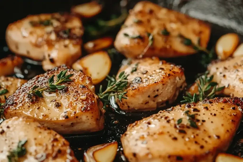 Chicken searing in skillet with garlic