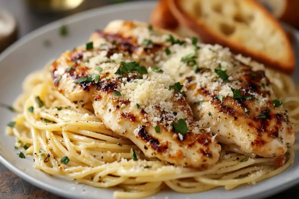 Garlic parmesan pasta served with bread