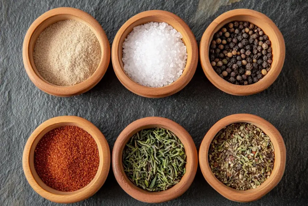 Assorted steak and potato seasonings in bowls