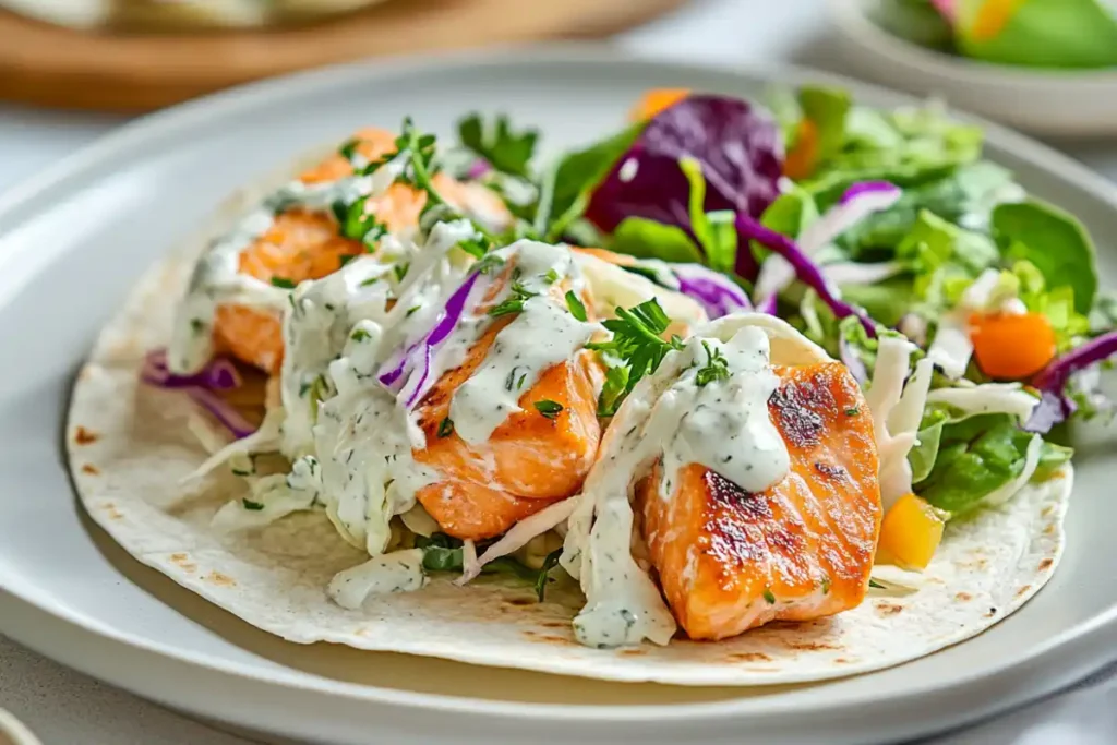 Salmon bites served in a taco with slaw