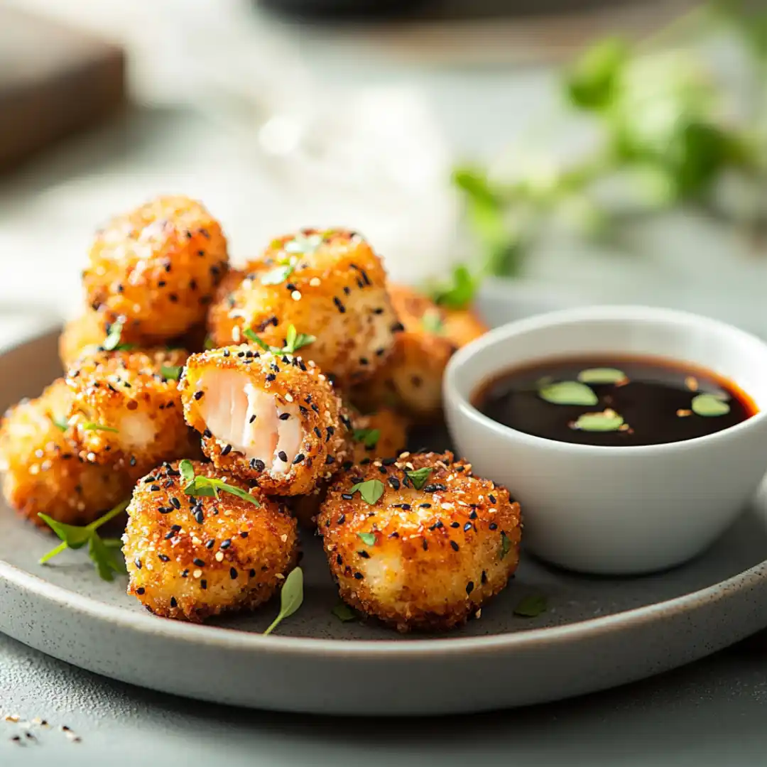 Crispy salmon bites with dipping sauce on a plate