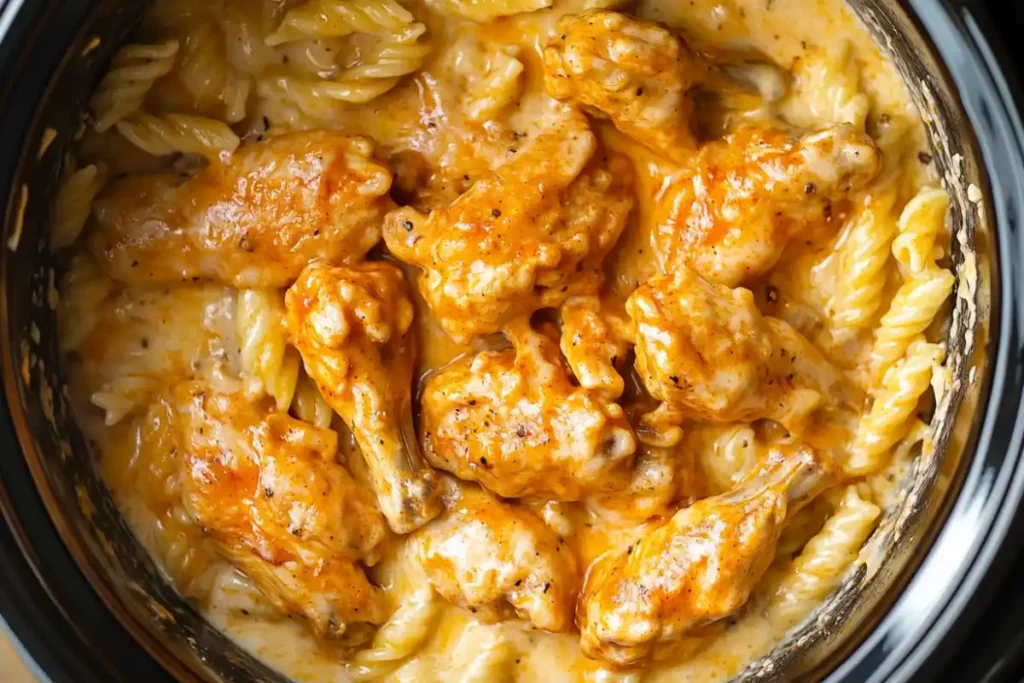 Slow cooker with garlic parmesan chicken and sauce