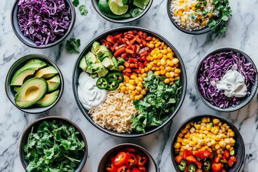 Rice bowl topping bar with colorful ingredients