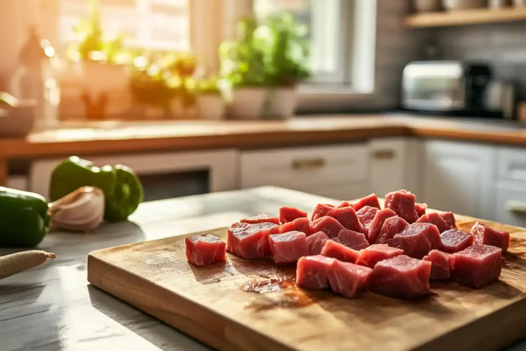 sliced steak into cubes for steak bites