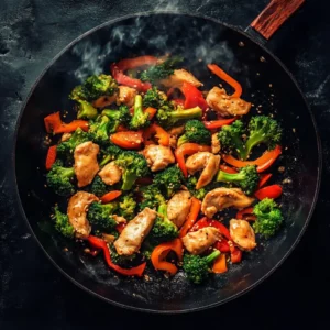 Chicken stir fry in wok with colorful vegetables