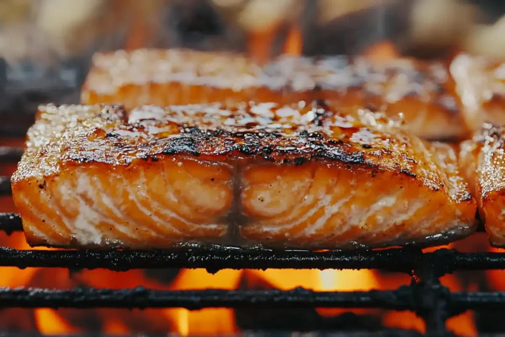 Salmon fillet grilling directly on hot BBQ grates