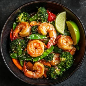 Shrimp stir fry with vegetables and lime wedges