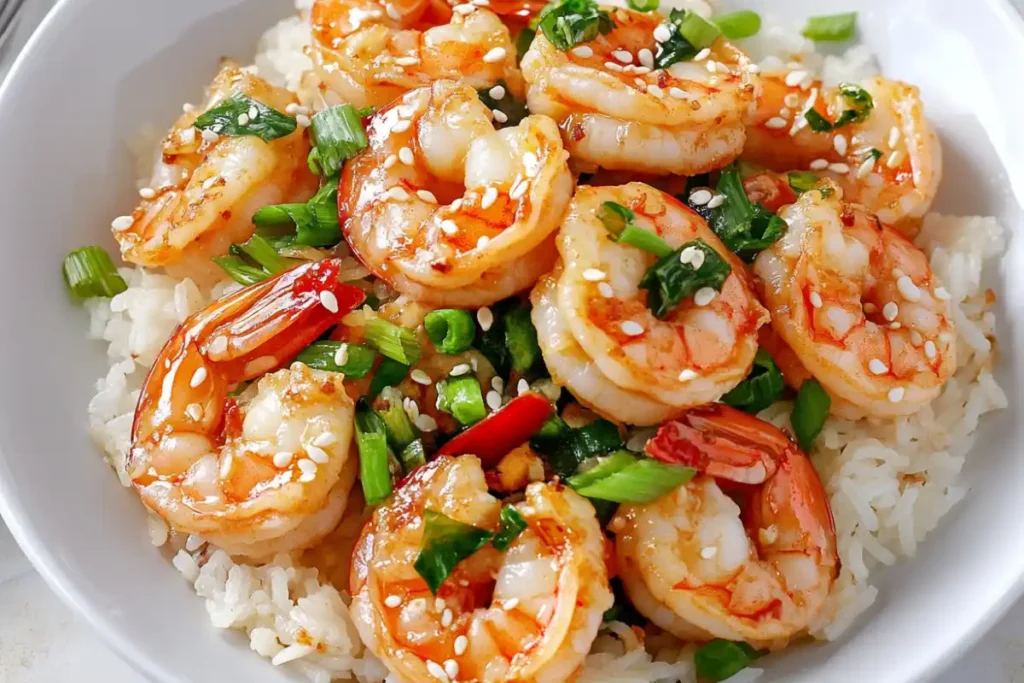 Shrimp stir fry served with rice on a plate