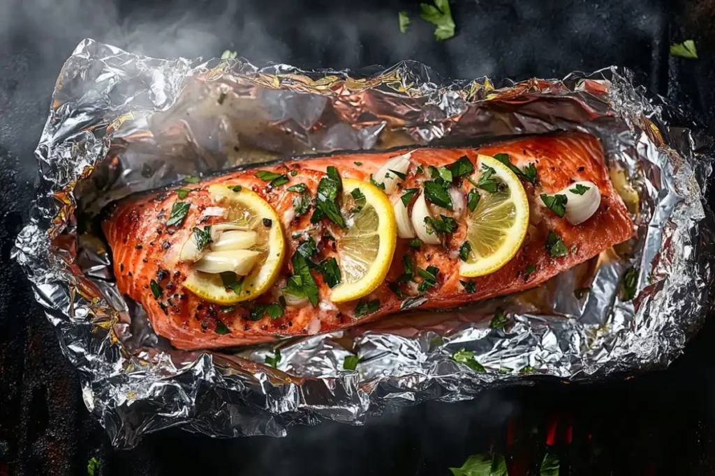 Salmon cooked in foil packet with lemon and herbs