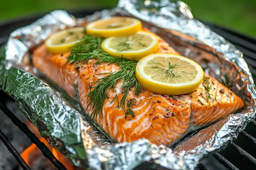Salmon in foil cooking on grill
