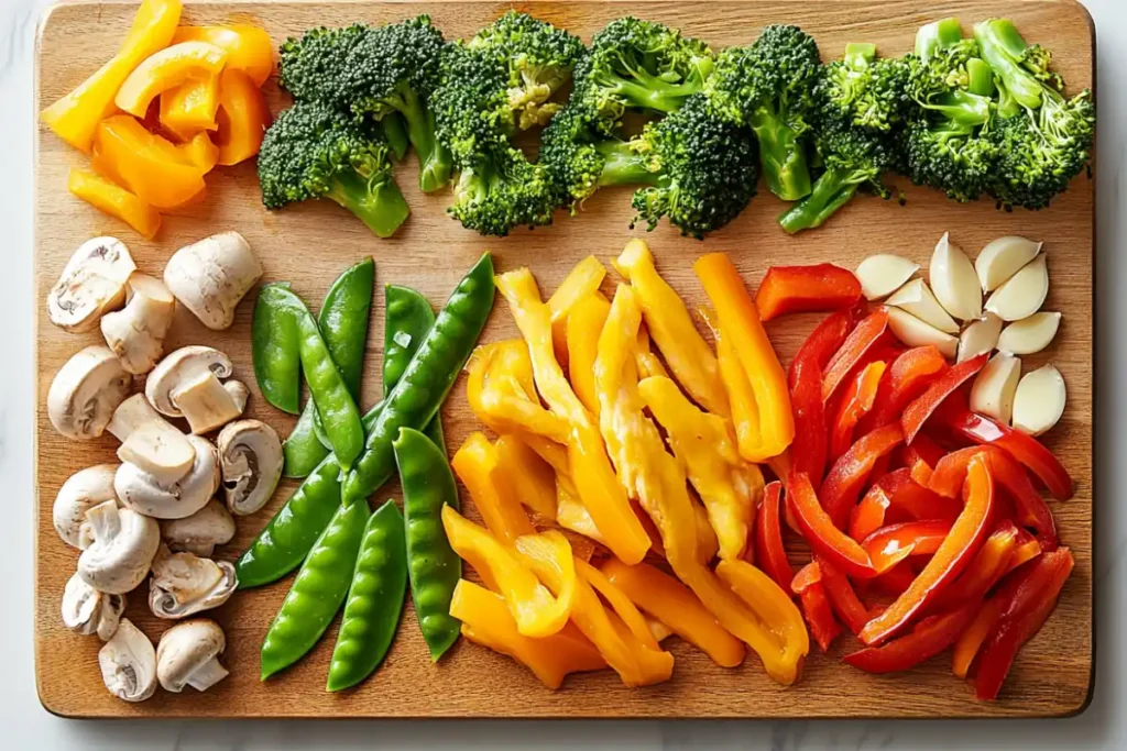 Chopped ingredients for stir fry laid out on a board