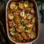 Crispy garlic butter potatoes in a baking dish