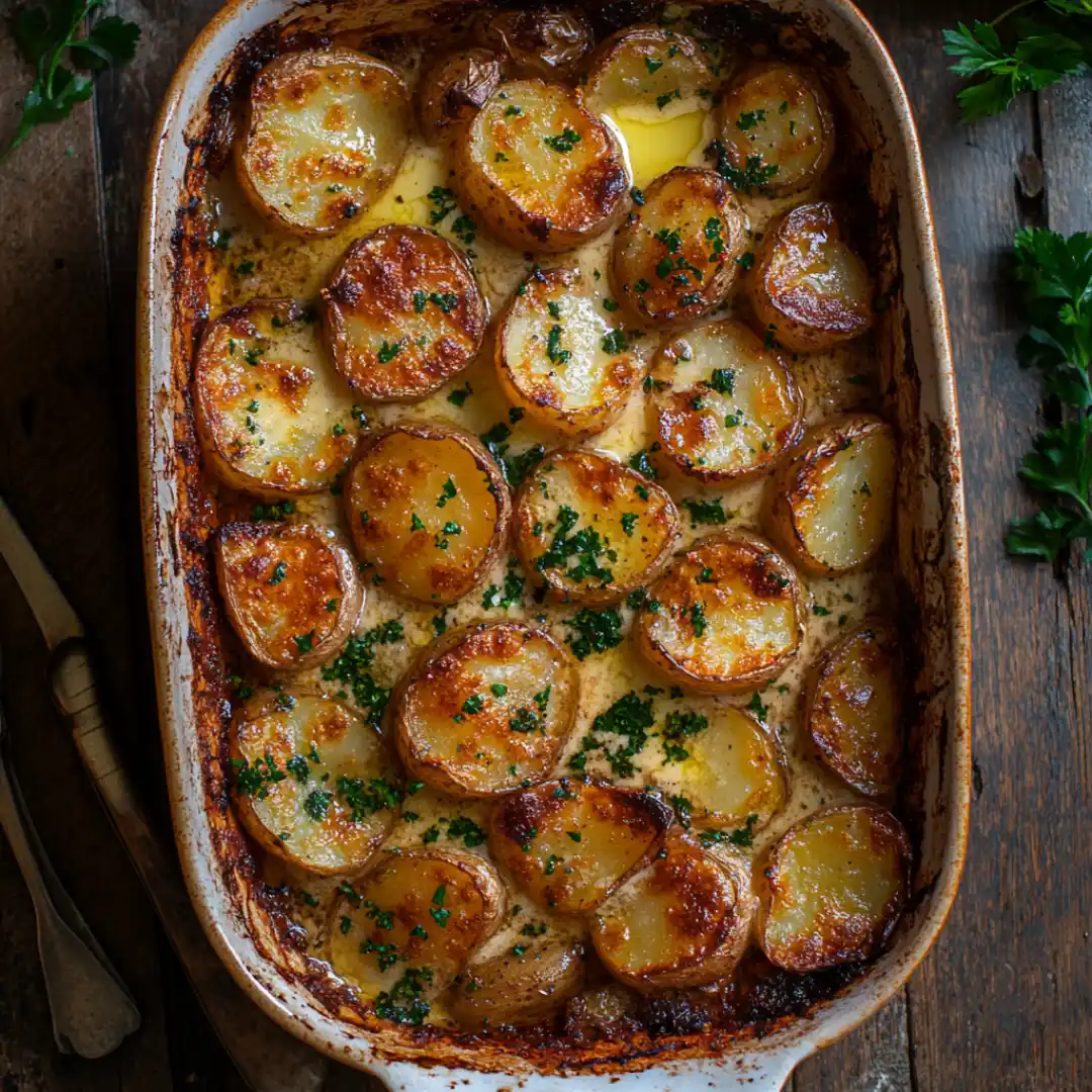 Crispy garlic butter potatoes in a baking dish