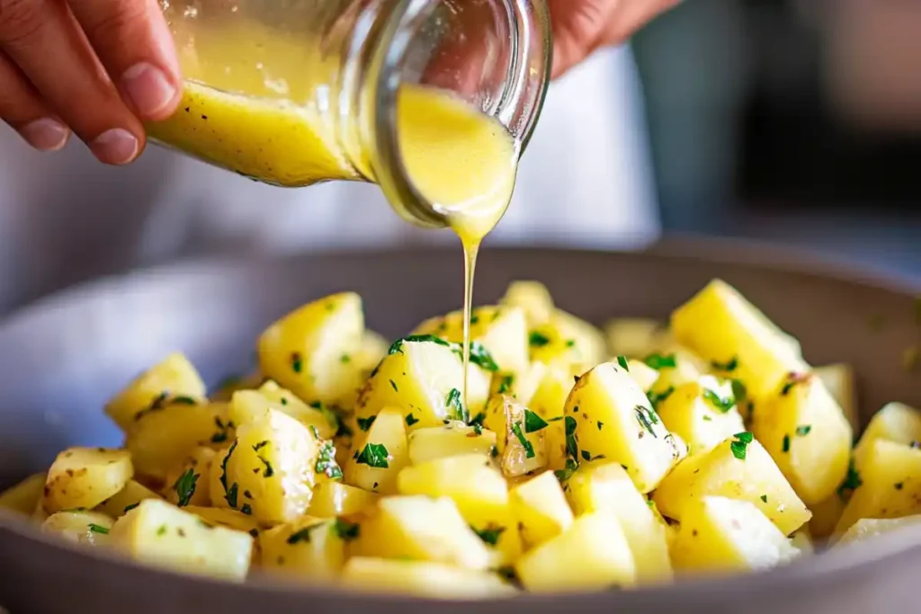 Pouring garlic butter over potatoes before roasting