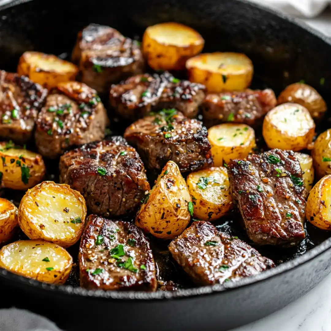 Garlic butter steak bites with potatoes in cast iron skillet