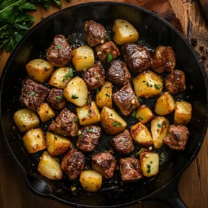 Skillet with garlic butter steak bites and golden potatoes