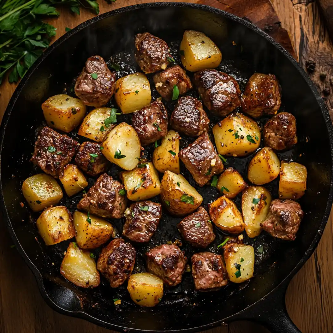 Skillet with garlic butter steak bites and golden potatoes