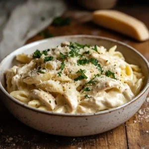 Garlic parmesan chicken pasta in a bowl