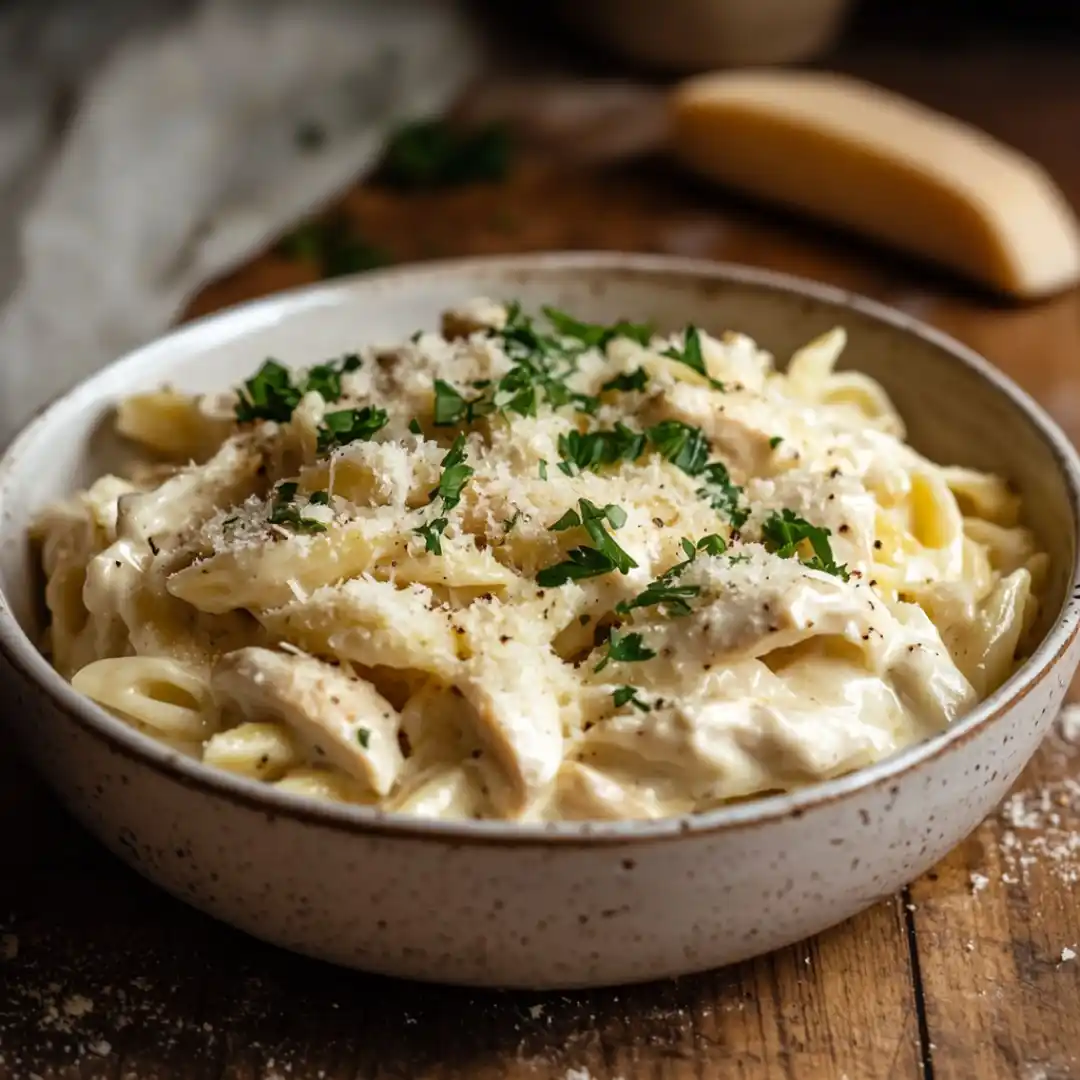Garlic parmesan chicken pasta in a bowl