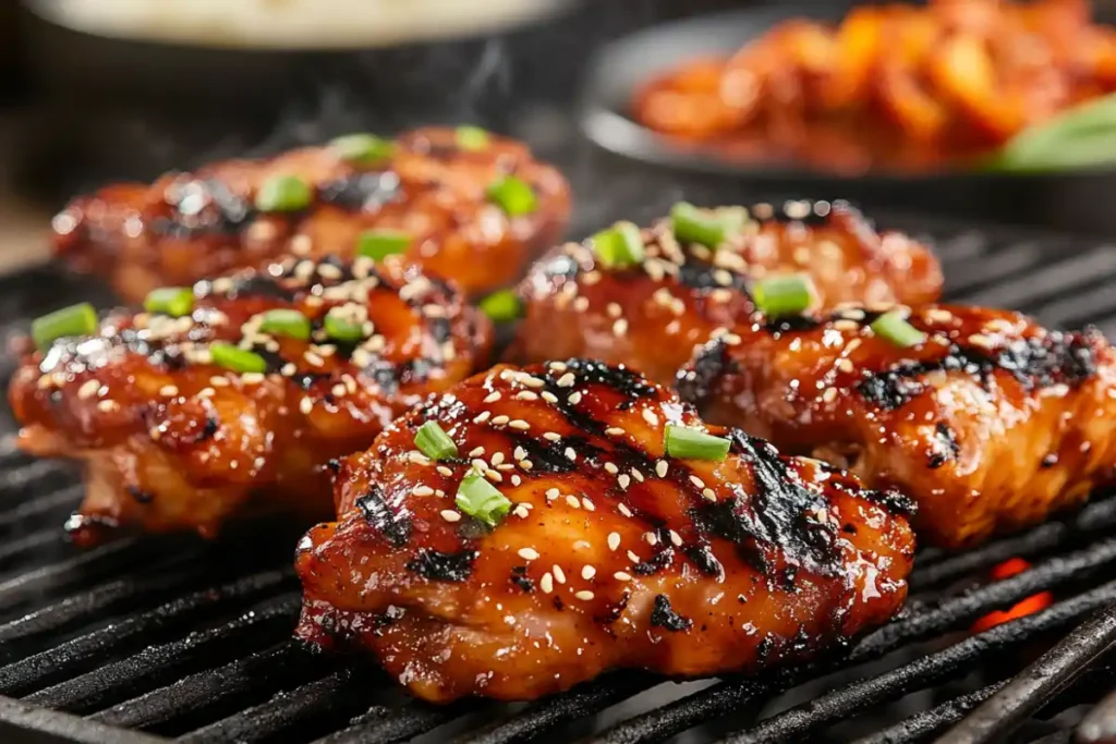 Grilled Korean BBQ chicken with glaze and side dishes