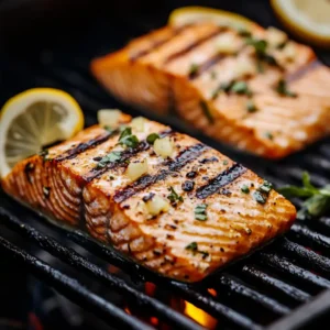 Grilled salmon fillet with lemon on barbecue