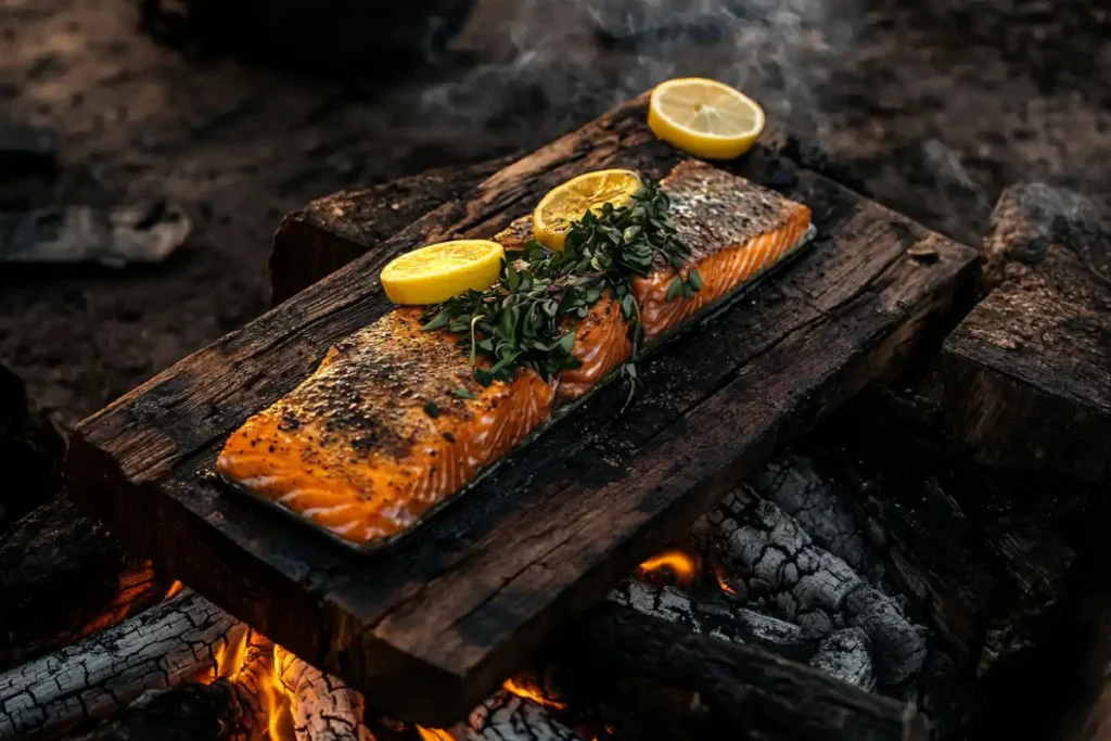 Salmon grilling on cedar plank