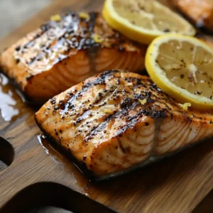 Grilled salmon with lemon and herbs on wooden plate