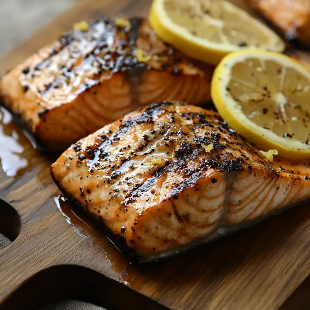 Grilled salmon with lemon and herbs on wooden plate