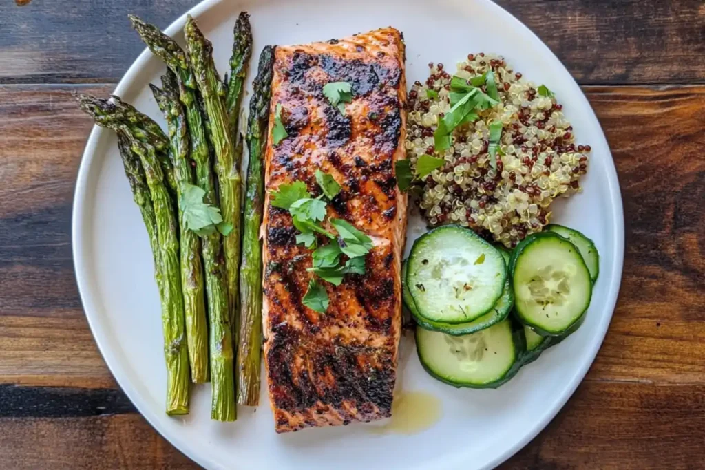 Grilled salmon served with healthy side dishes