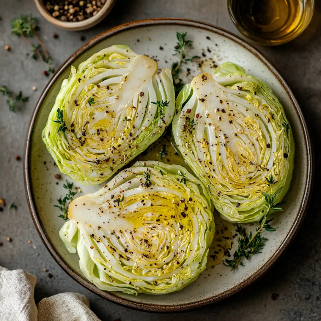 Sliced cabbage steaks on a cutting board