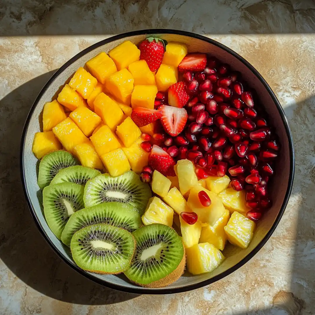 Tropical fruit bowl with mango and vibrant fruits