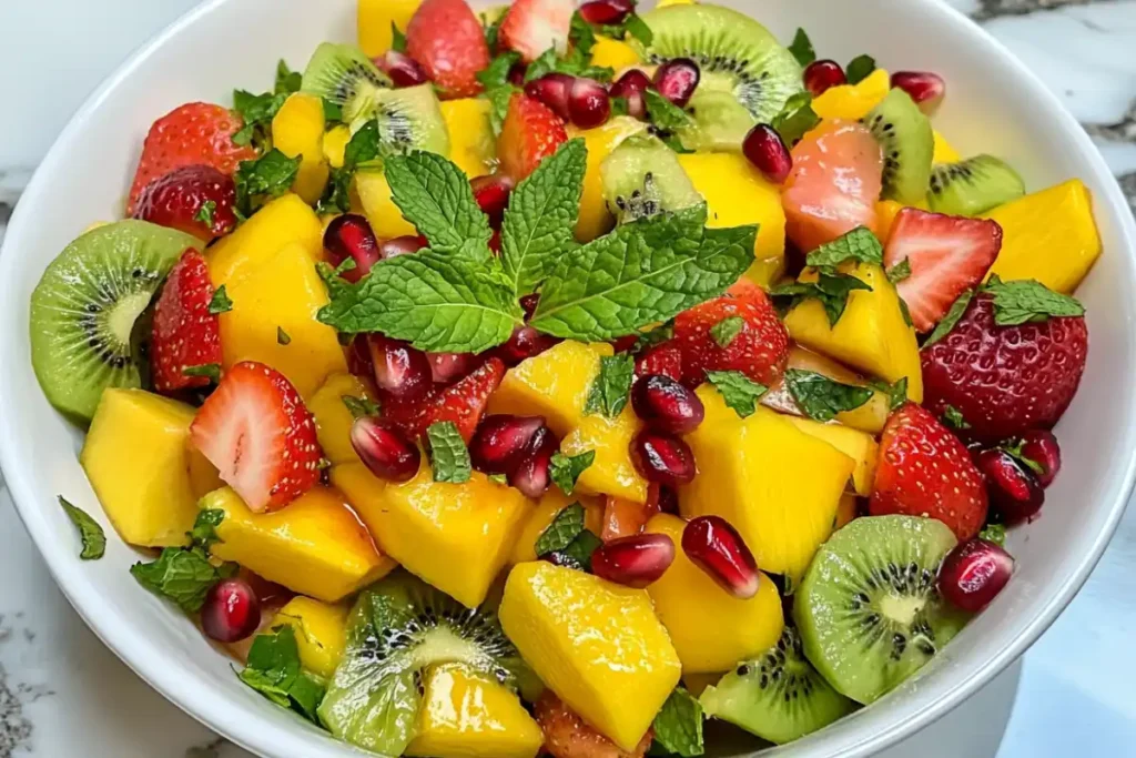 Fruit salad with mango, kiwi, pomegranate, and strawberries